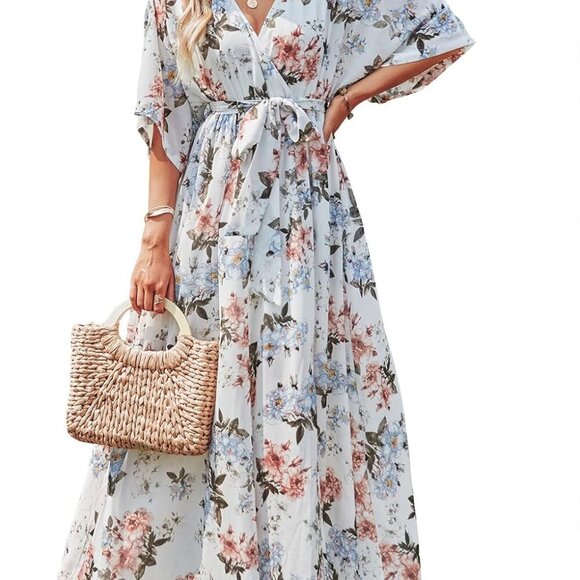 Women’s Summer Loose Boho Flowy Wrap V Neck 3/4 Sleeve Floral Print Slit Beach W